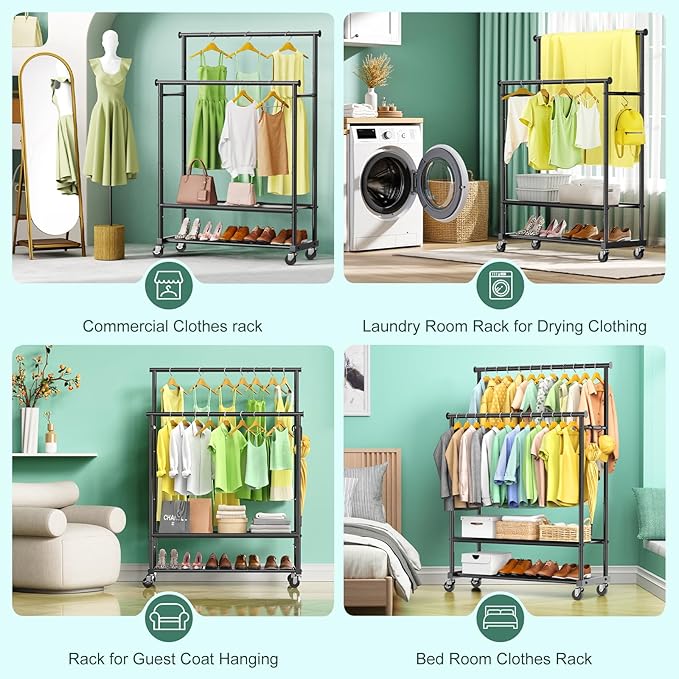 Rolling Clothes Rack with Doule Rod for Hanging, Heavy Duty Metal Garment Rack Load 350 LBS with Lockable Wheel, Free Standng Clothing Rack with 2 Shelves and Side Hooks for Home Commercial, Black