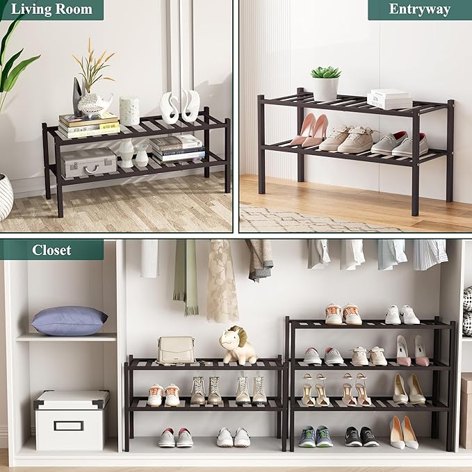 Smiry Bamboo Shoe Rack, 2 Tier Free Standing Wooden Shoe Organizer, Stackable Wood Shoe Storage Shelf for Closet, Entryway, 12 Vertical Slats, One-piece Standard Legs, 26.8"x11"x13", Brown