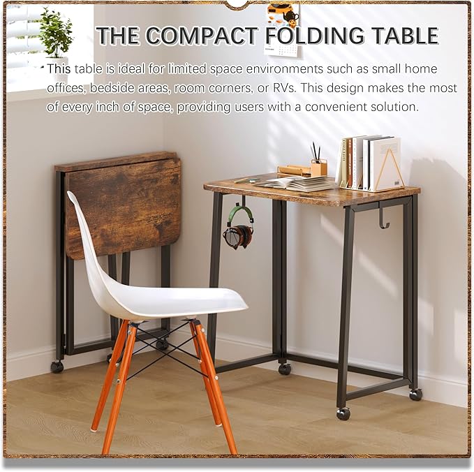 4NM 23.6" Mobile Small Folding Desk, Foldable Rolling Computer Home Office Desk, Study Writing Table for Small Space Saving Bedroom, with Wheels - Rustic Brown and Black