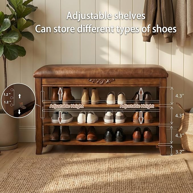 Shoe Rack Bench Entryway Storage with Leather Cushion, Shoe Organizer Bench for Entryway, Front Doors Entrances Hallway,Mudroom,Closet, Bedroom,Solidwood 3 Height-Adjustable Removable Shelve,39.4"