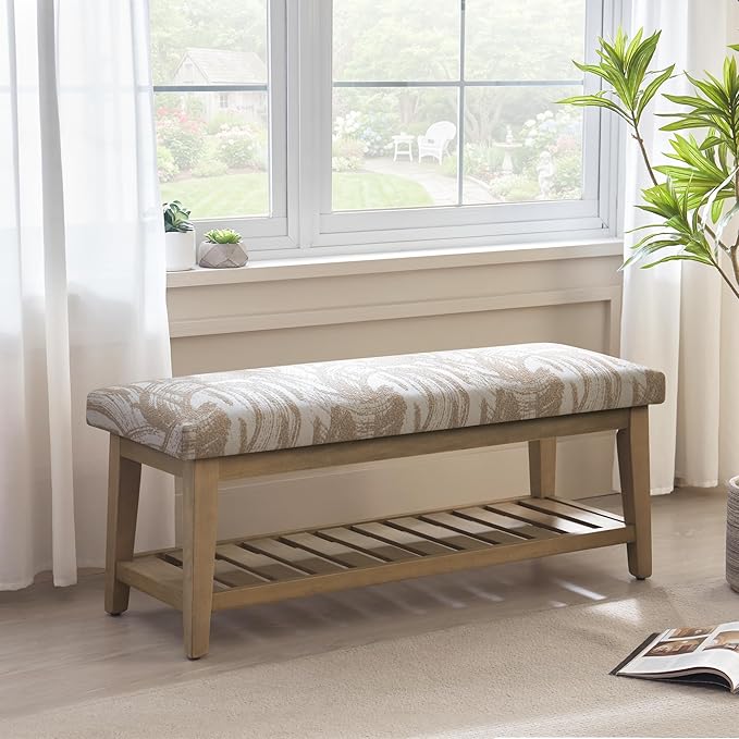 Zihanhome Entryway Shoe Bench with Cushion, End of Bed Bench,Upholstered Bench for Kitchen, Bench with Solid Wood Shelf, Fabric Ottoman Bench for Hallway, Living Room (Textured Beige)