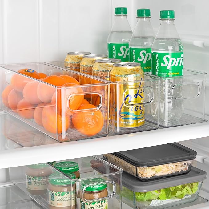 Plastic Food Storage 4 Pack Clear Container Bin with Handles for Organizing Kitchen, Pantry, Refrigerator, Freezer, Pantry, Cabinet, Closet, Bathroom. 14”x4”x4”