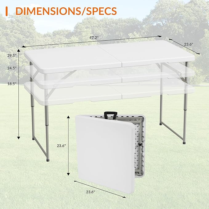 Elevon 4 Feet Heavy Duty Folding Table with Adjustable Height, Fold-in-Half Portable Table for Indoor Outdoor Use - Camping, Picnic, Party, Wedding, Dining, Utility Table