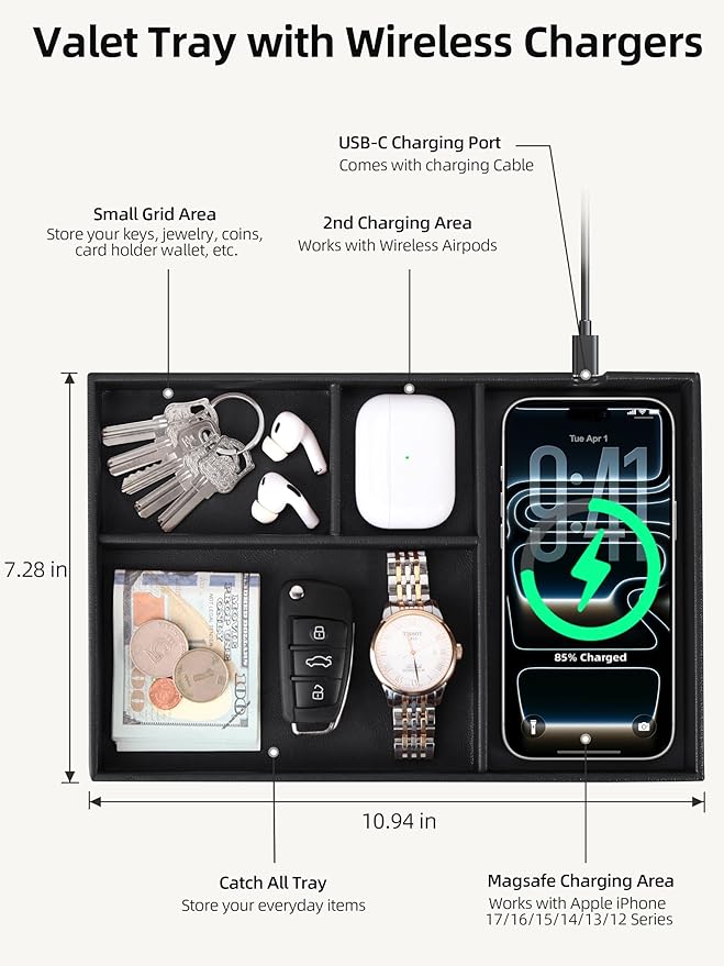 Valet Tray, Built-in Wireless Chargers, PU Leather Nightstand Organizer, Desk Bedside Caddy Organizer Tray for Men Women, EDC Catchall Trays for Keys, Watch, Phone, Jewelry, Black