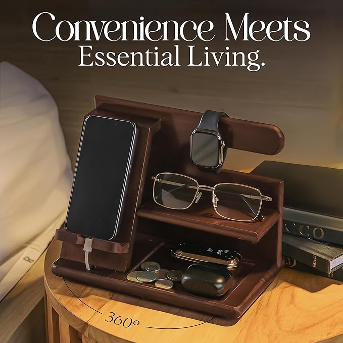 Wood Phone Docking Station for Men - 360° Rotating Nightstand Organizer with Rotating base, Charging Slot, Holds watch, Wallet, Keys, Eyewear - Birthday Gifts for Men & Women, Bedroom or Office Use, Dark Brown