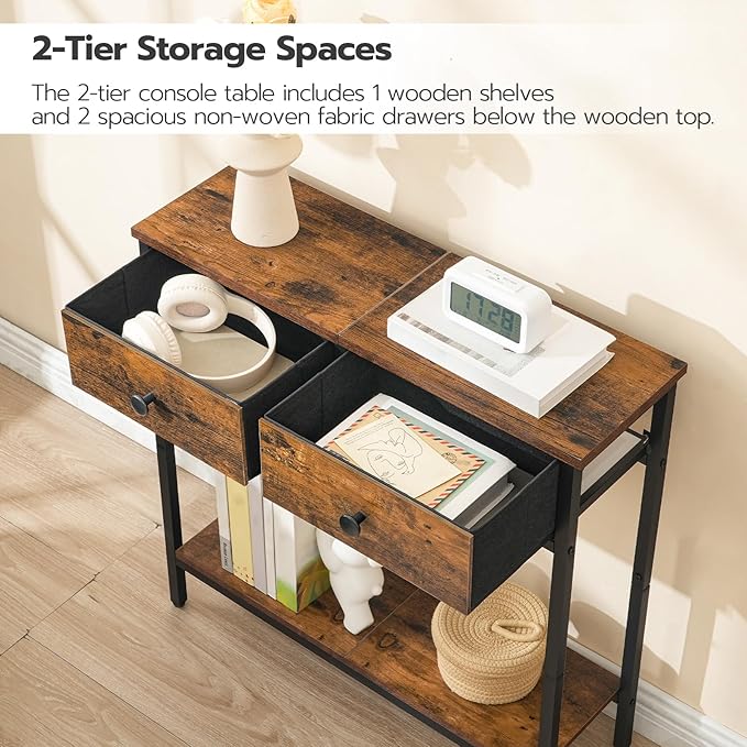HOOBRO 29.5" Narrow Console Table with 2 Fabric Drawers, Small Entryway Table with 2-Tier Storage Shelves, Sofa Table, Behind Couch Table, for Living Room, Hallway, Rustic Brown and Black BF71XG01