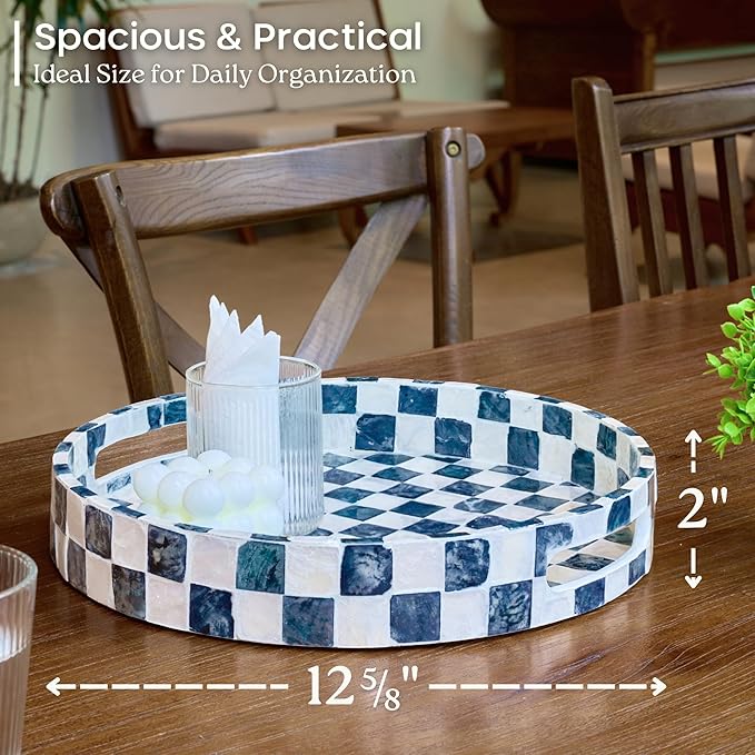 CHI AN HOME 12.6" Round Decorative Tray with Handles, Checkered Capiz Mother of Pearl Serving Tray for Coffee Table, Kitchen Counter, or Bathroom (Navy Blue)