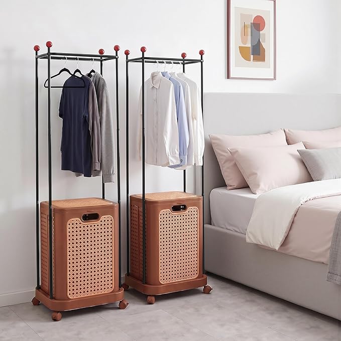 VECELO Laundry Hamper with Clothes Rack, Rolling Laundry Basket with Lid and Wheels, Tall Clothes Stand for Hanging Clothes, Multifunctional Laundry Organizer for Bedroom, Bathroom, Brown