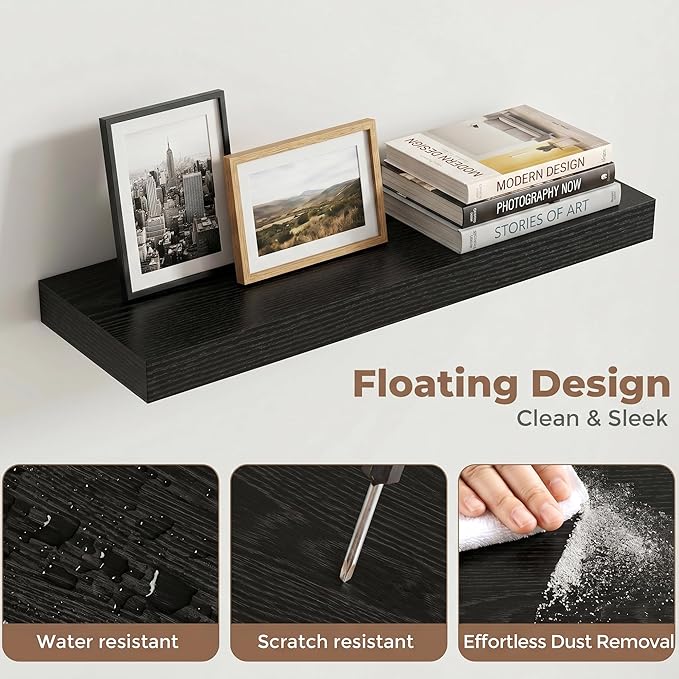 Venusmiles Floating Shelves for Wall, 20 Inch Floating Shelves Set of 2, 6.5" D Wooden Wall Mounted Display Shelves with Invisible Brackets for Living Room, Bedroom, Bathroom, Kitchen Decor, Black
