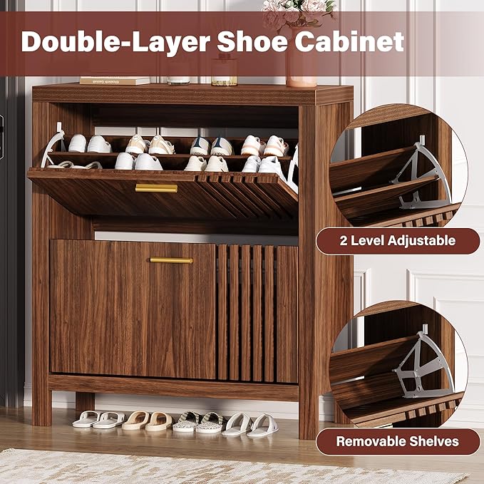 knoworld Shoe Storage Cabinet for Entryway with 2 Flip Drawers, 31.5" Narrow Fluted Shoe Organizer Cabinet, Slim Wooden Shoe Cabinet, Freestanding Hidden Shoe Cabinet for Entrance, Hallway (Walnut)