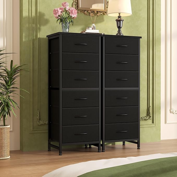 Sweetcrispy Tall Fabric Dresser for Bedroom, 6 Drawer Skinny Chest of Drawers, Narrow Storage Tower with Wood Top and Metal Frame, Vertical Nightstand for Closet, Bedroom Organization Furniture, Black