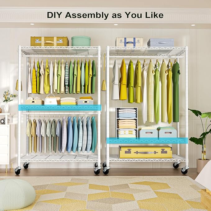 FUTASSI P3 Plus Rolling Clothes Rack, Clothing Racks for Hanging Clothes, Heavy Duty Garment Rack with Wheels, Freestanding Portable Closet Racks 45" W x 14" D x 78.5" H, Max Load 480 LBS, White