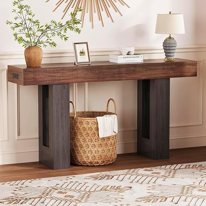 IDEALHOUSE 63" Entryway Table, Wood Console Table with Charging Station, Extra Long Sofa Table, Narrow Hallway Foyer Table for Entryway, Hallway, Living Room, Rustic Brown & Black