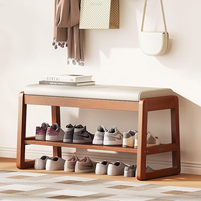 PETKABOO Shoe Bench Storage Rubberwood with Leather Cushion 31.5", Waterproof Easy to Clean 550LBS Organizer Shoe Rack for Entryway, Hallway, Mudroom, Front Door