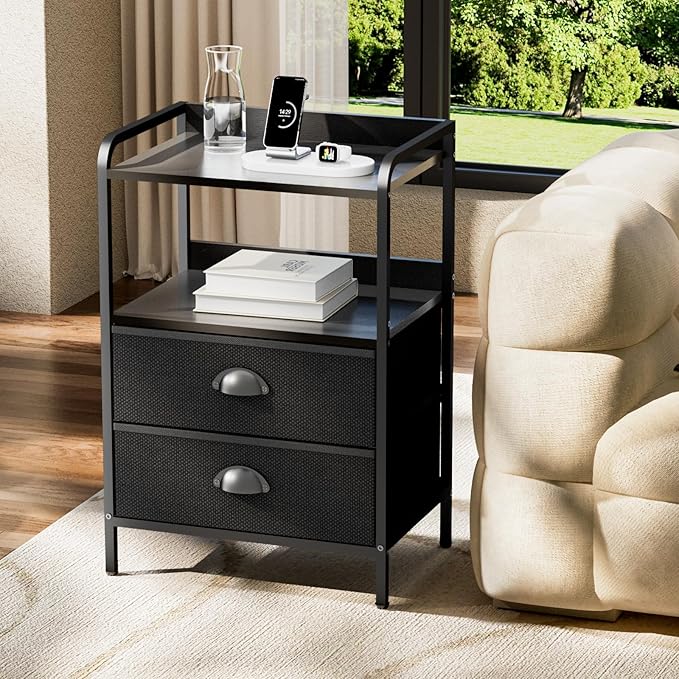 Night Stand, End Table with 2 Drawers Nightstand for Bedroom, Small Fabric Dresser Organizer, Bedisde Table Side Table with Open Storage Shelf, Black