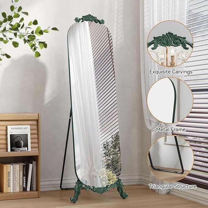 Arched Full Length Mirror, 63"X20" Vintage Floor Mirror, Baroque Full Body Mirrors with Art Carved, Free Standing Leaning or Wall-Mounted Mirrors for Bedroom, Living Room, Entryway, Green