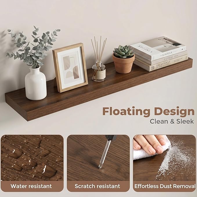 Venusmiles Floating Shelves for Wall, 32 Inch Floating Shelves Set of 2, 6.5" D Wooden Wall Mounted Display Shelves with Invisible Brackets for Living Room, Bedroom, Bathroom, Kitchen Decor, Walnut