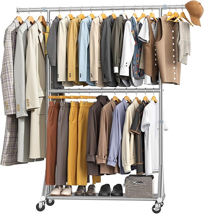Heavy Duty Clothes Rack Load 860LBS, Rolling Double Rods Clothing Racks for Hanging Clothes, Adjustbale Garment Rack With Sturdy Wheels Shelf, Portable Closet Rack Free Standing