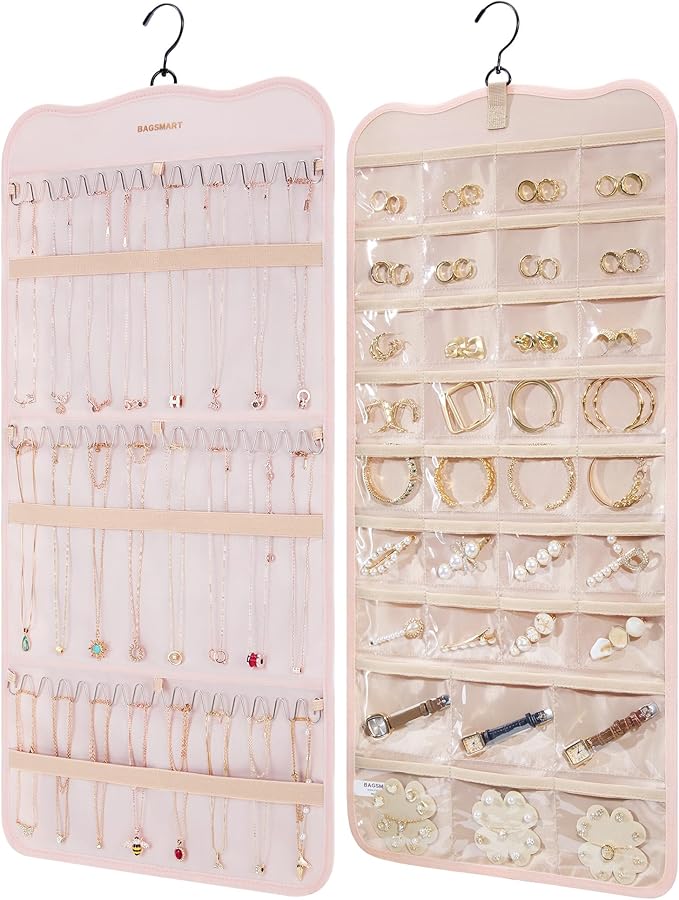BAGSMART Hanging Jewelry Organizer Storage with Hanger Metal Hooks Double-Sided Jewelry Holder for Earrings, Necklaces, Rings on Closet, Wall, Door, 1 piece Large Pink