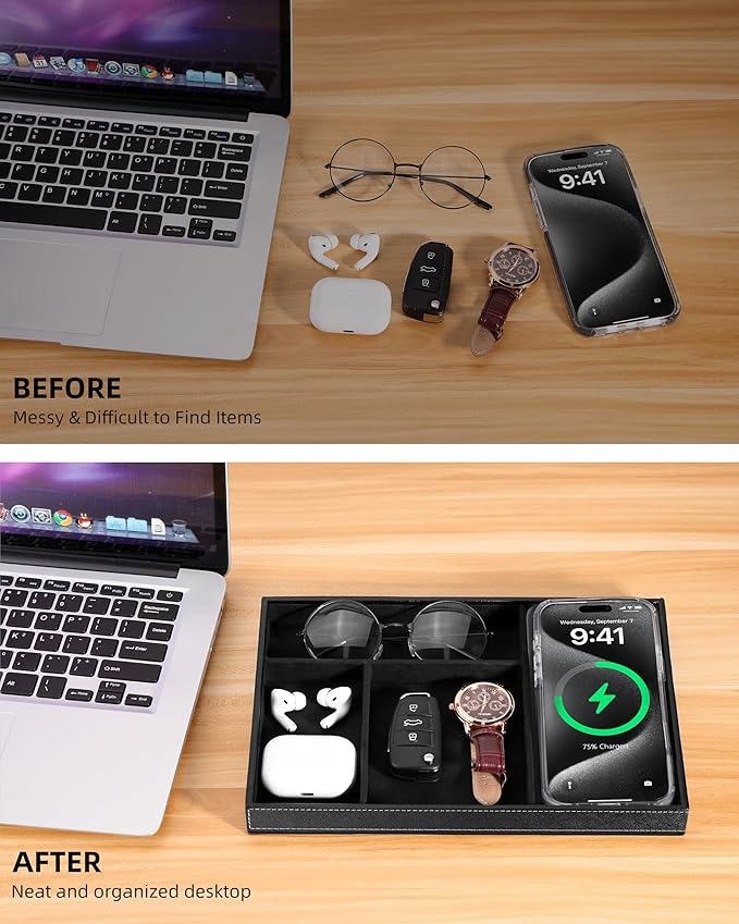 Valet Tray with Wireless Charger, Nightstand Organizer for Men, EDC Catchall Tray for Keys, Watch, Wallet, Jewellery, Premium Vegan Leather, Bedside Caddy, Stylish and Organized, Black