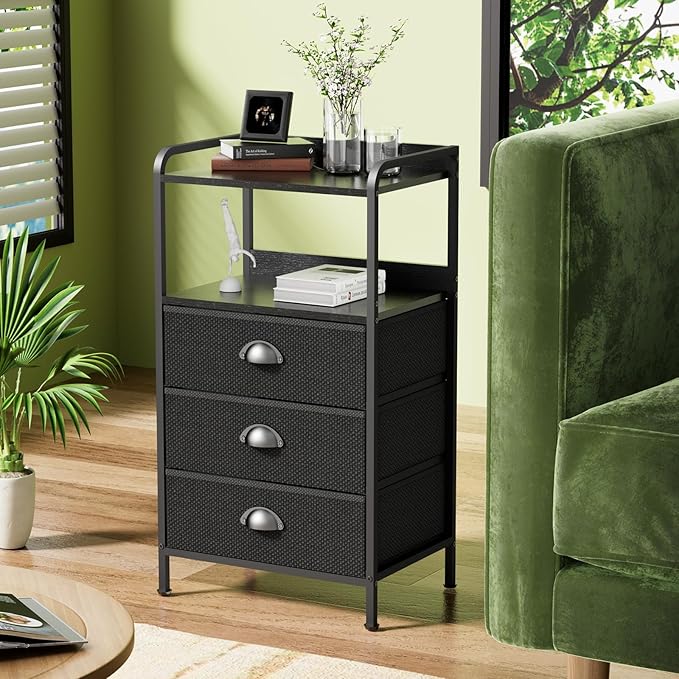 Night Stand Set 2, Nightstand with 3 Fabric Drawers and 2-Tier Shelf, Small Dresser Organizer, Bedside Table with Storage, End Table for Bedroom, Steel Frame, Wood Top, Black