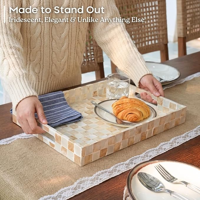 CHI AN HOME 15.8” x 11.8” Rectangle Serving Tray with Handles, Capiz Shells Checkered Rectangular Tray for Ottoman Table, Mother of Pearl Decorative Serving Tray for Living Room, Kitchen (Ivory)