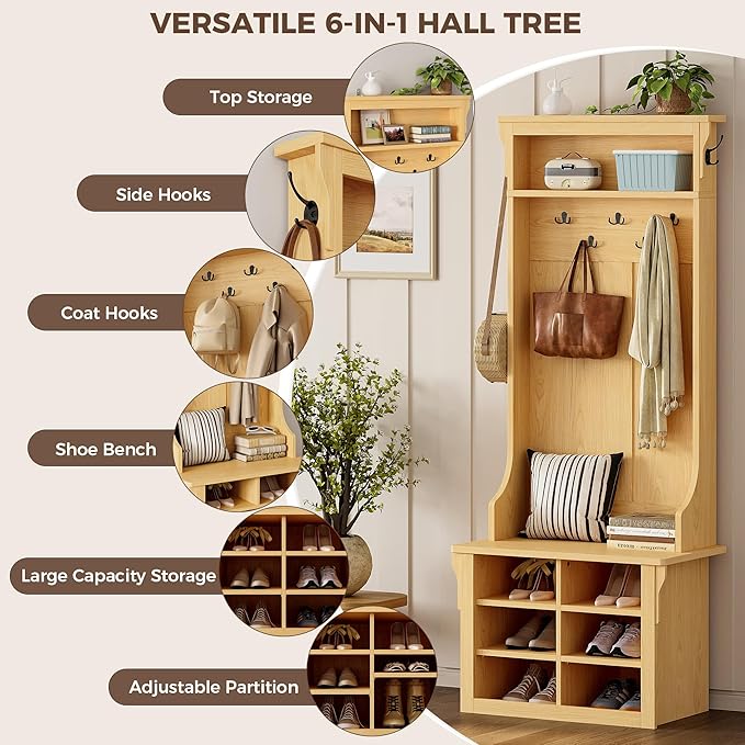 IRONCK Hall Tree with Bench and Shoe Storage, 6-in-1 Entryway Bench with Coat Rack, Adjustable Shelf, Hanging Hooks, 6 Shoe Cubbies, 2-Tier Top Storage, for Entryway, Bedroom, Living Room, Oak
