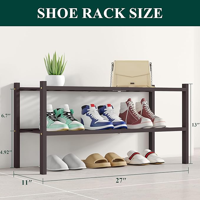Smiry Bamboo Shoe Rack, 2 Tier Free Standing Wooden Shoe Organizer, Stackable Wood Shoe Storage Shelf for Closet, Entryway, 12 Vertical Slats, One-piece Standard Legs, 26.8"x11"x13", Brown