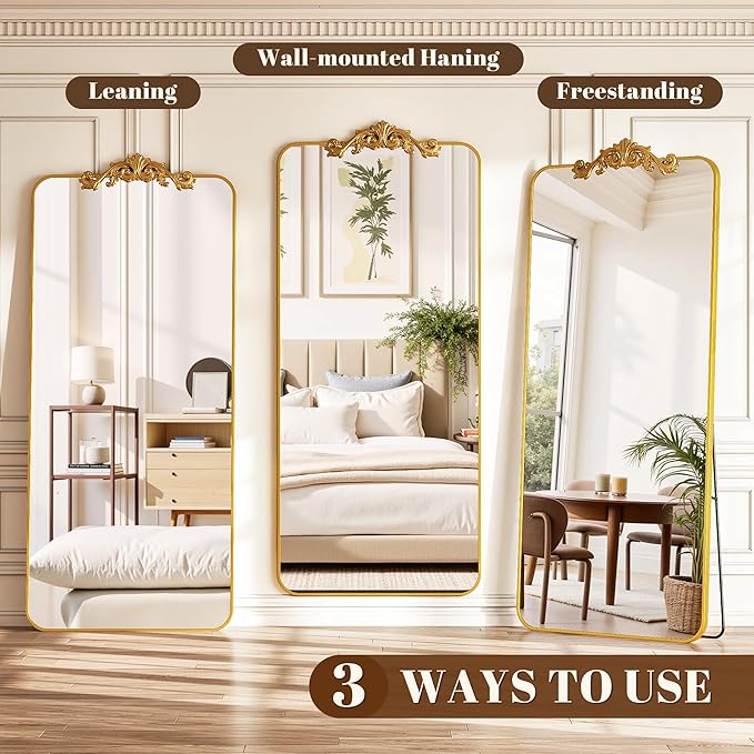 Vintage Full Length Mirror, 71"x32" Floor Mirror with Carved, Full Body Mirrors for Home Decor, Standing/Hanging Large Wall Mirrors for Bedroom/Living Room/Entryway, Gold, Retro Style