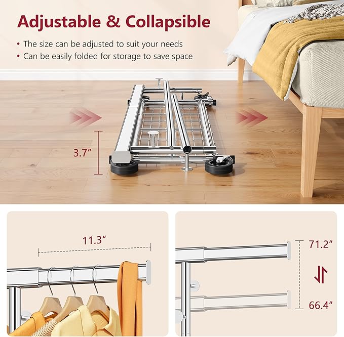 Tajsoon Clothes Rack Heavy Duty Load 350 LBS, 73.8' Extendable & Adjustable Collapsible Clothing Rack for Hanging Clothes, Rolling Garment Rack with Lockable Wheels for Bedroom, Plating Chrome