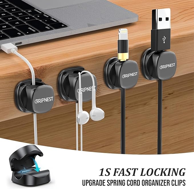 Never-Lose 1s Lock Spring Cable Solution – Rotatable Cable Clips, Strong Adhesive Cord Organizer & Wire Holder for Desk, Car & Nightstand, Secure Cable Management, 8 Pack (Black)