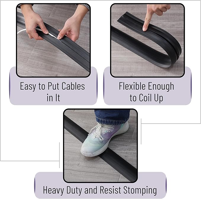 Bates- Floor Cord Cover, 12ft, Cable Cavity 0.6" (W) x 0.31" (H), Heavy Duty Wire Protector, PVC Extension Cords Hider, Protect Cords, Prevent Cable Trips, Cord Hider for Office, Home, Outdoor