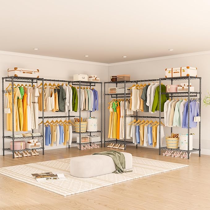 Heavy Duty Garment Rack, Portable Expandable Freestanding 4 Tiers Adjustable Wire Shelves Clothes Rack with 2 Retractable Poles, 70.9-86.6" L x 15.7" W x 76.8" H, Max Load 900LBS, Black