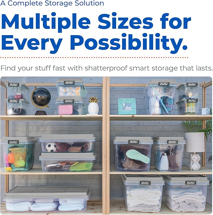 Hefty 6.5 Qt Flat-Lid Storage Bin with Lid, Stackable Plastic Storage Container, Organizer for Home, Office & Classroom, 8 Pack, Gray