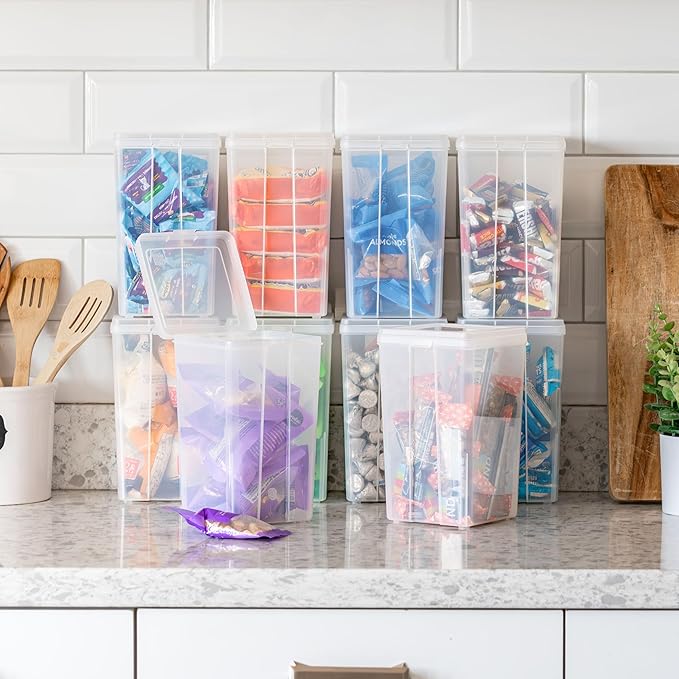 IRIS USA Vertical Plastic Flip Top Storage Containers Bins with Lids for Pantry, Home, Office, Organization, Medium, Stackable Hinged Organizer with Latches, Clear, 10 Pack