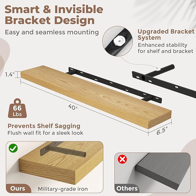 Venusmiles Floating Shelves for Wall, 40 Inch Floating Shelves Set of 2, 6.5" D Wooden Wall Mounted Display Shelves with Invisible Brackets for Living Room, Bedroom, Bathroom, Kitchen Decor, Oak