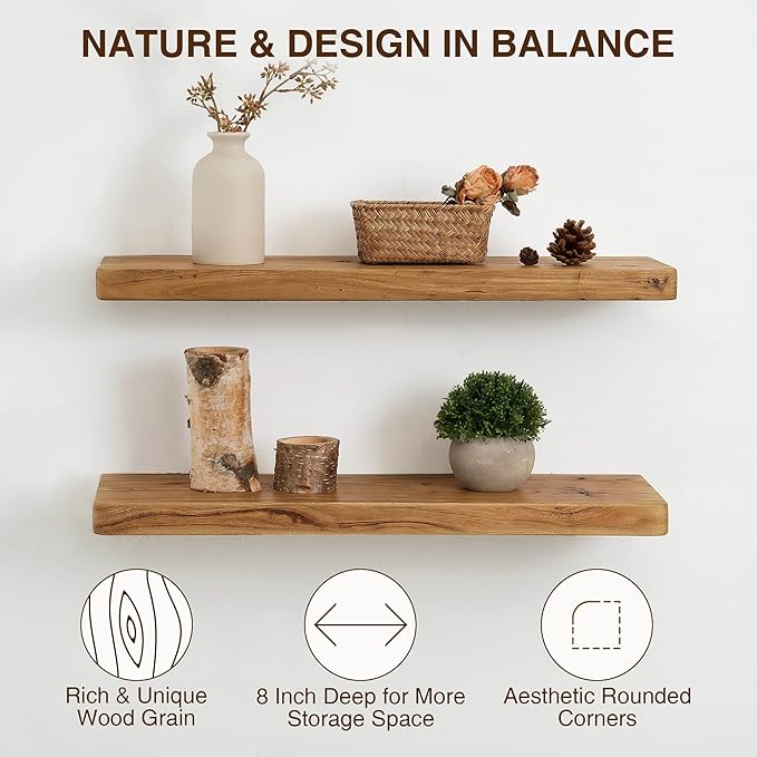 Dreamland 24" Rustic Elm Wood Floating Shelves, 8 Inch Deep Wall Shelves, Wall Mounted Floating Shelf with Invisible Bracket, Heavy-Duty Display Shelf - for Living Room, Kitchen, Bathroom, Set of 2