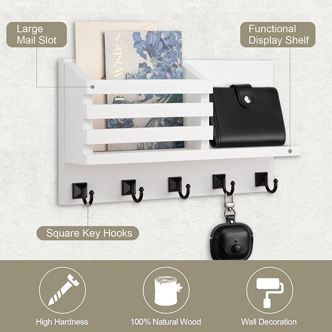 Key Holder Wall Mount, Mail Organizer for Wall with 5 Square Rustic Key Hooks Key Shelf Farmhouse Home Decor for Entryway