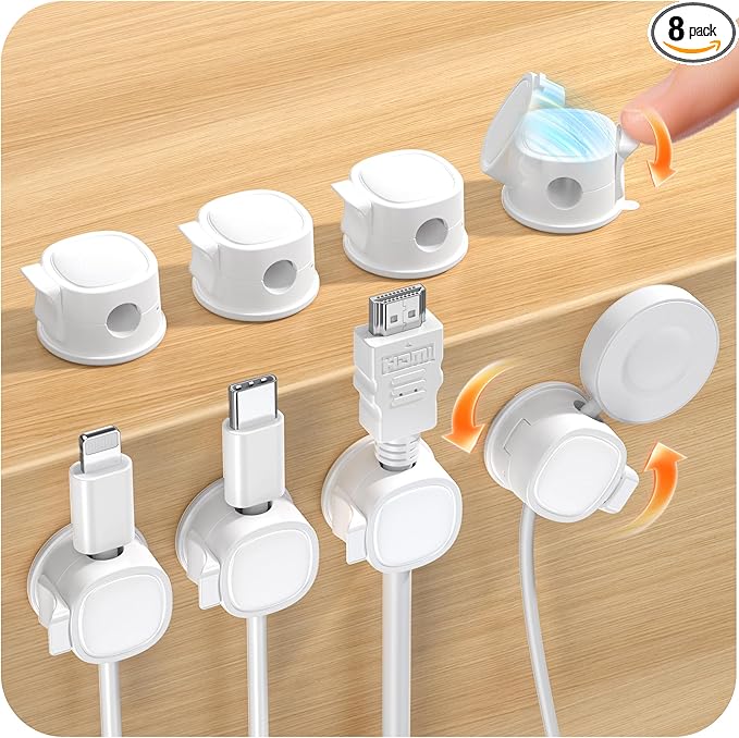 8 Pack Rotatable Cable Clips Cord Organizer,Desk Cable Management Accessory,Cord Clips,Adhesive USB Wire Holder Keeper Organizer for Home Office Desk Phone Car Wall Desktop Nightstand cable organizer