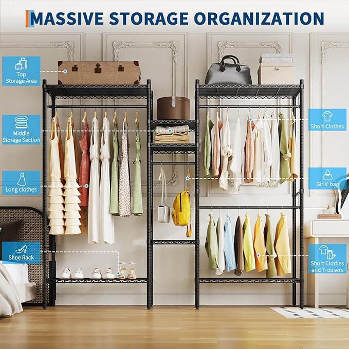 IDEALHOUSE Heavy Duty Clothes Rack for Hanging Clothes, Load 1000LBS Portable Closet Wardrobe with Shelves, Freestanding Adjustable Garment Rack for Bedroom, Walk-in Closet, 86.2"x 17.3"x 76.4", Black