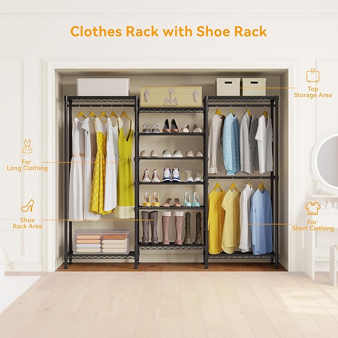 Higeego H12 Heavy Duty Clothes Rack with Adjustable 5-Tier Shoe Rack, Freestanding Clothing Racks for Hanging Clothes, Metal Shoe Organizer Large Closet Racks, 15.7" D x 68.7" W x 76.4" H, Black