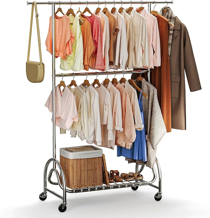 TigerParty Heavy Duty Clothes Rack for Hanging Clothes, Adjustable 2-Tier Rods Garment Rack with 750LBS Load Capacity, Freestanding Clothing Rack with Wheels & Bottom Storage Shelf