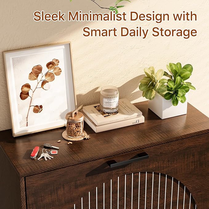 Farmhouse Shoe Cabinet Storage for Entryway, Slim Shoe Rack Cabinet with 4 Flip Drawers, Narrow Shoe Organizer Cabinet with Stylish Round Panel, Metal Leg and Handle