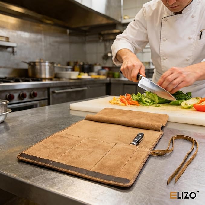 ELIZO Leather Knife Roll Bag Professional Chef Knife Case, Durable Knife Sheath Holder, Cooks & Culinary Tools Carrying Storage, Portable Knife Wrap - 4 Slots