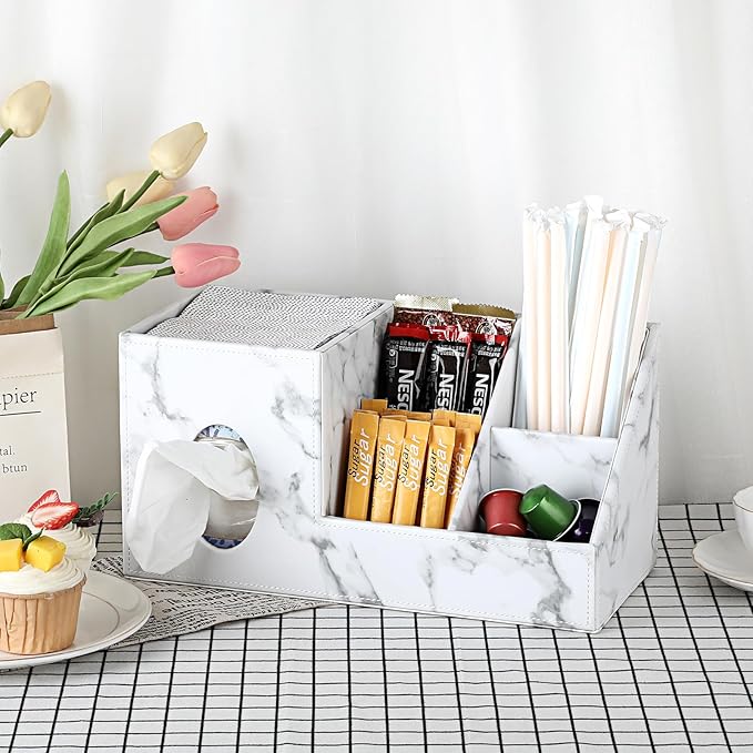 Sumnacon Tissue Box Cover Square PU Tissue Box Organizer, Leather Tissue Holders with Storage, Stylish Tissues Dispenser for Bahtroom Living Room Kitchen Dining Table Desk Office, Marble White