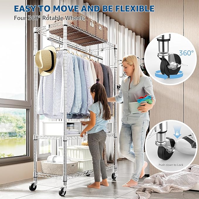 M MZG Heavy Duty Rolling Garment Rack 3 Tiers Adjustable Wire Shelving Clothes Rack with Rods and Side Hooks,Storage Closet Clothing Rack with Wheels Chrome 15.7" D x 29.5" W x 74.5" H