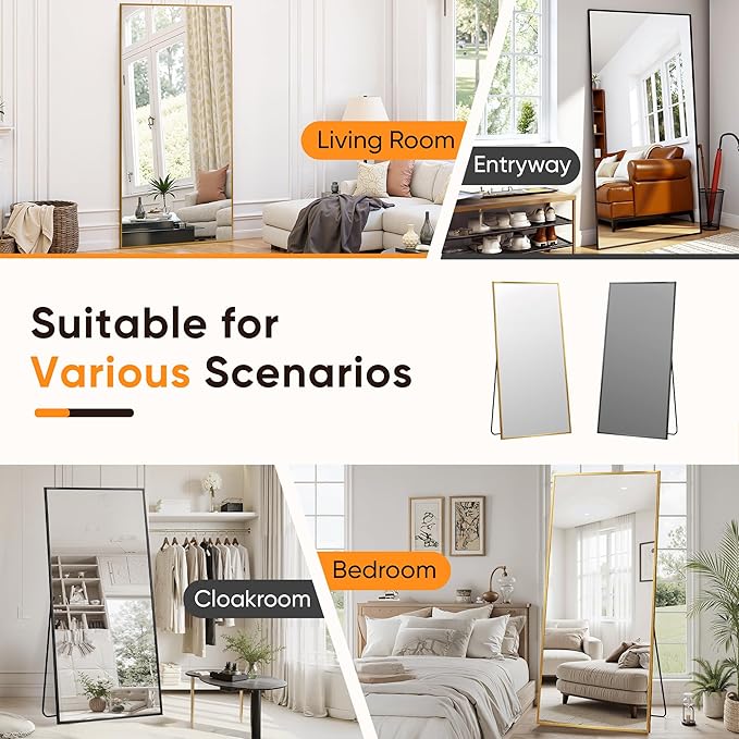 Suidia Full Length Mirror, 56"x14" Floor Standing Mirror Freestanding, Full Body Mirrors with Stand for Bedroom, Hanging Mounted for Living Room Cloakroom, Gold, Rectangular Style