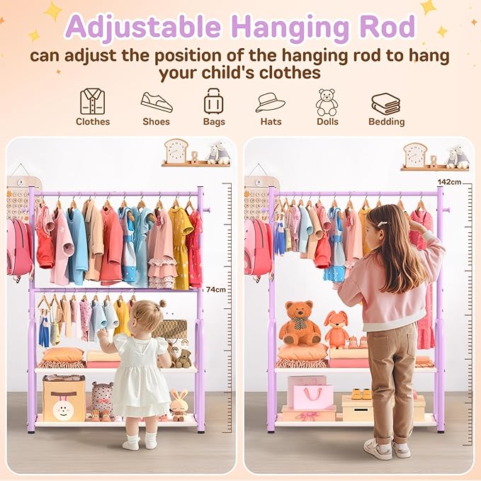 Kids Clothes Rack with 2 Tier Storage Racks and 2 Adjustable Hanging Poles, Small Baby Closet Organizer for Hanging Clothes, Kids Dress-Up Rack (Classic, Purple)