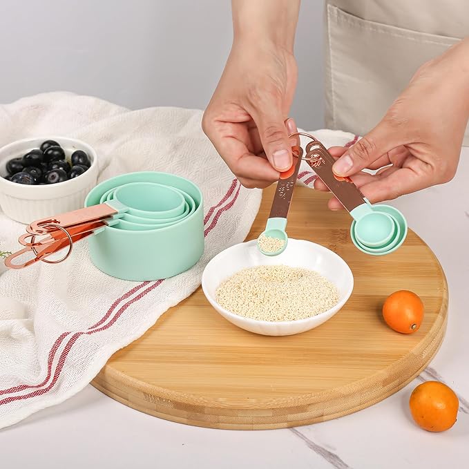 8-Piece Stackable Rose Gold Stainless Steel Handled Measuring Cups and Spoons for Measuring Dry and Liquid Ingredients (Pink)