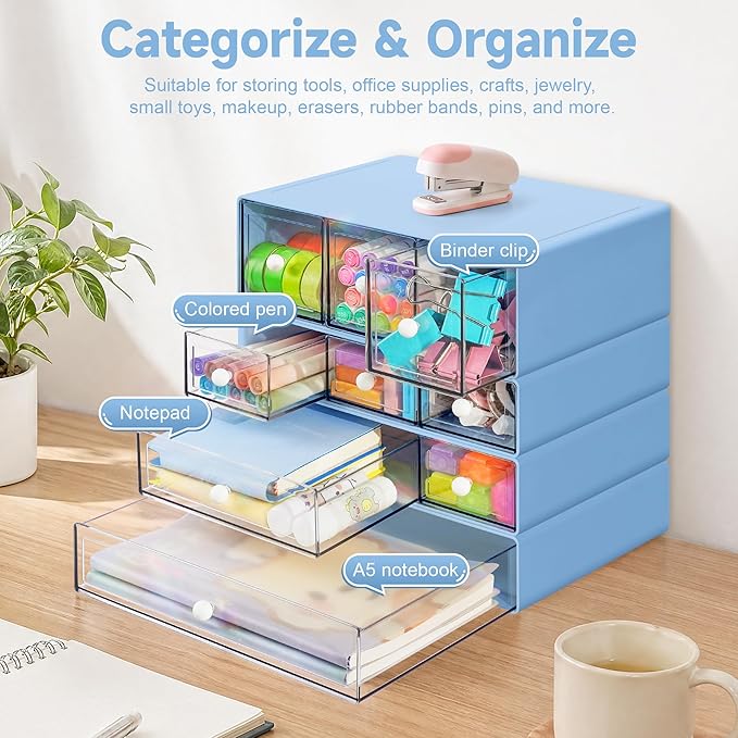 Desk Organizer with 9 Drawers, 4 Tiers Stackable Storage Drawers, Desktop Storage Box with Clear Drawers for Stationery, Makeup, Jewelry, Office and Craft Supplies (Blue)